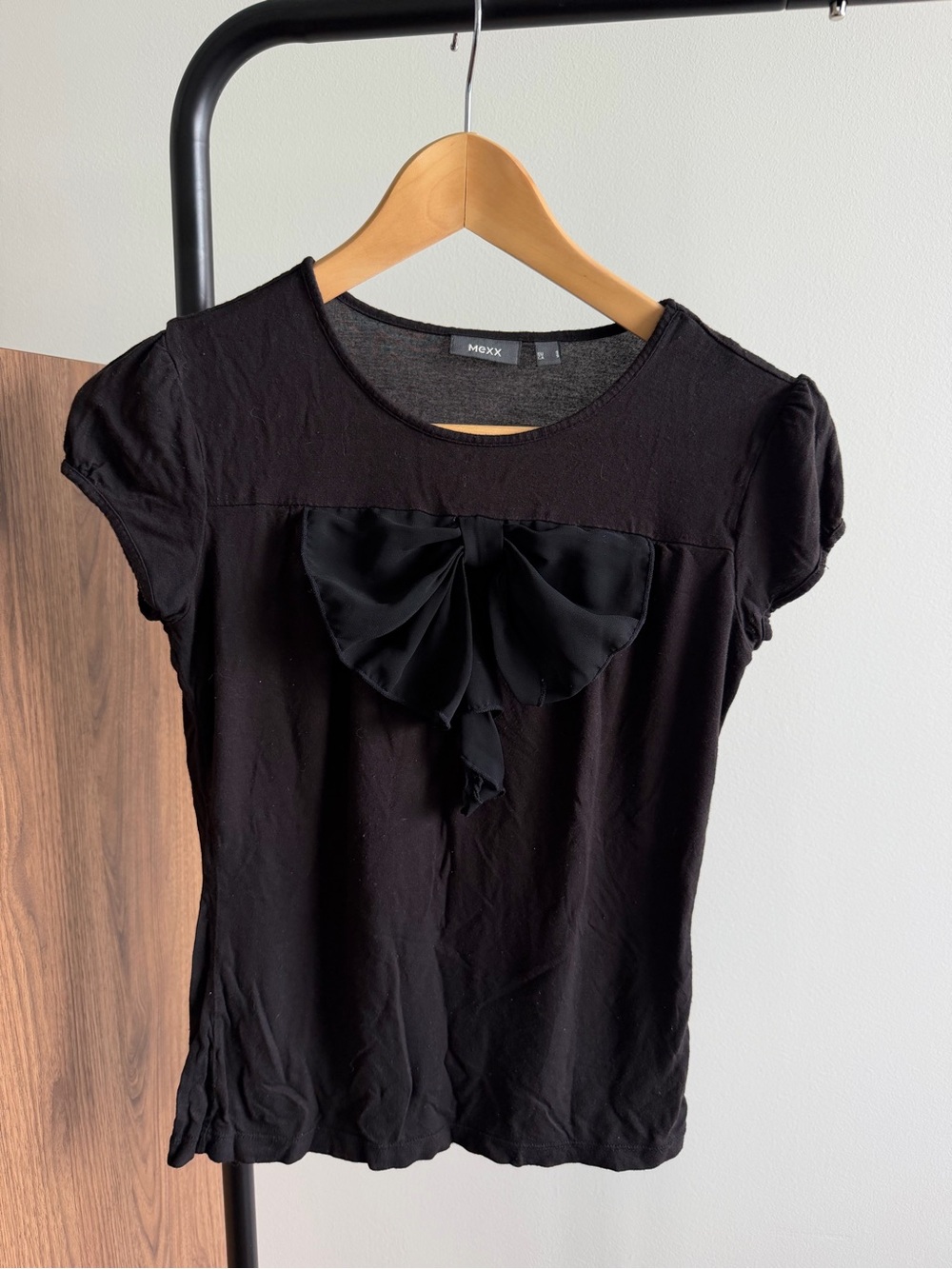 Vintage Mexx Black Cap Sleeve Top with Chiffon Bow Detail Size S